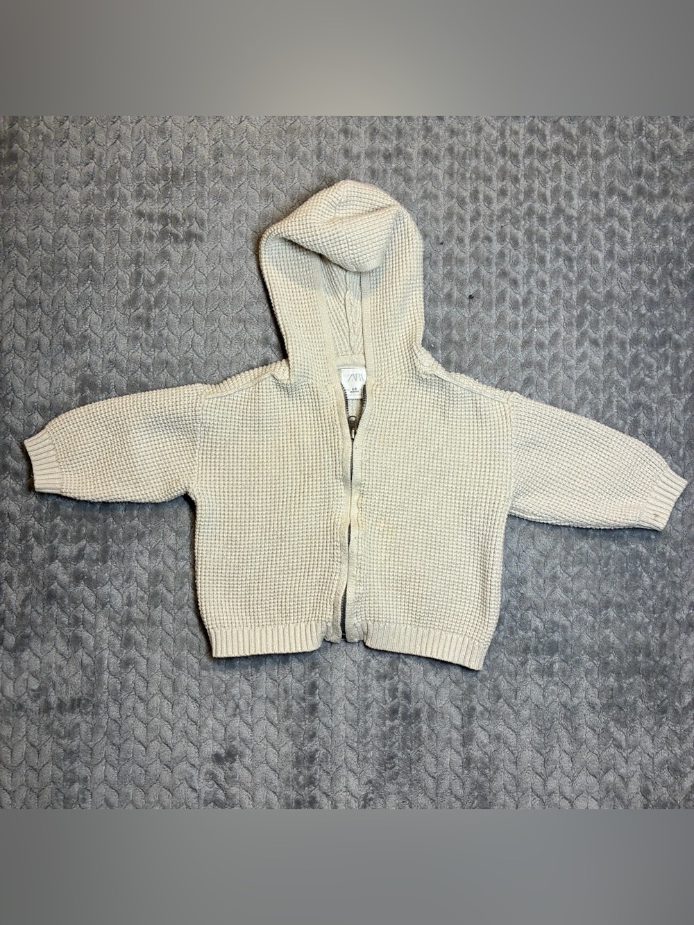 Zara Kids Cream Hooded Waffle Zip Knit Jacket Size 6-9 months